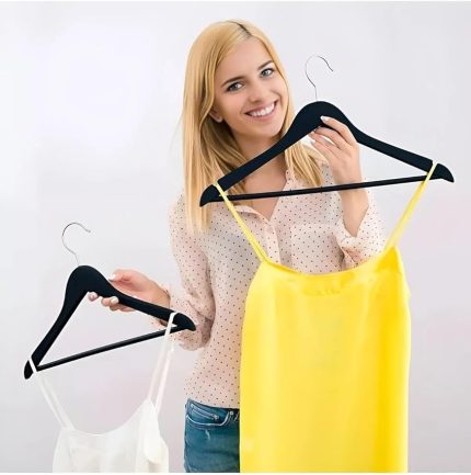 24 Adet Ahşap Görünümlü Plastik A Kalite Askı, Kıyafet Ve Elbise Askısı Siyah