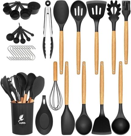 Mikla Isıya Dayanıklı Yanmaz Yapışmaz 33 Parça Silikon Spatula Mutfak Seti Siyah