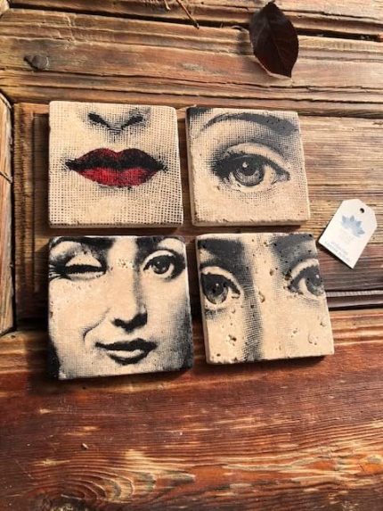 Stone Decor Doğal Taş (Mermer) Bardak Altlığı- Fornasetti 4 LÜ SET(10 cmx10 cm)