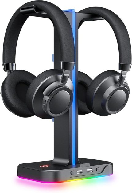 çift kulaklık askısı, 2 USB bağlantı noktası, RGB kulaklık tutucu, oyuncular için, PC için, siyah (TH650)