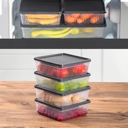 1169 4lü Buzdolabı Organizer Mikrodalga Ve Derin Dondurucuya Uygun Buzluk Bakliyat Saklama Kabı - Antrasit