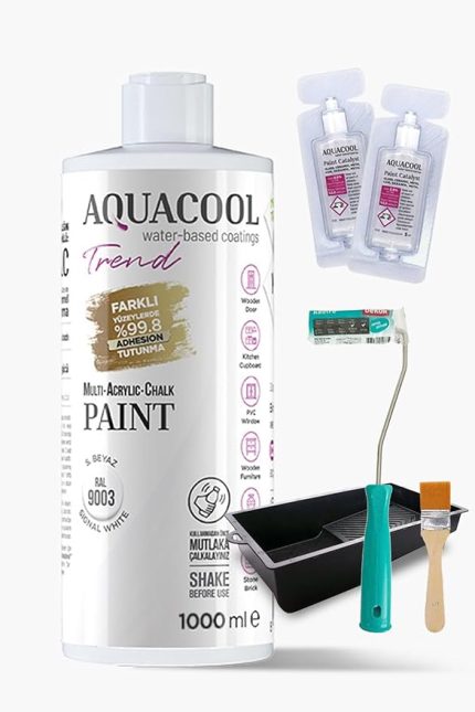 Trend Akrilik Hobi Boyama Seti 1000 Ml, 2 Adet Katalizör, Kadife Rulo 10 Cm, Boyacı Tavası, İpek Fırça 9003 S. Beyaz