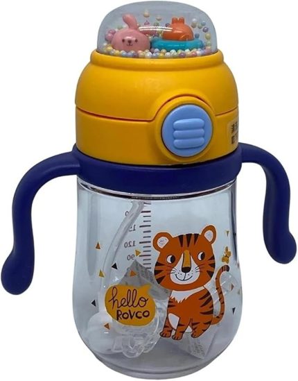 260ml Pipetli Sevimli Arkadaşlar Desenli Çıngıraklı Akıllı Pipet Toplu Tritan Su Matarası (Sarı-Lacivert)