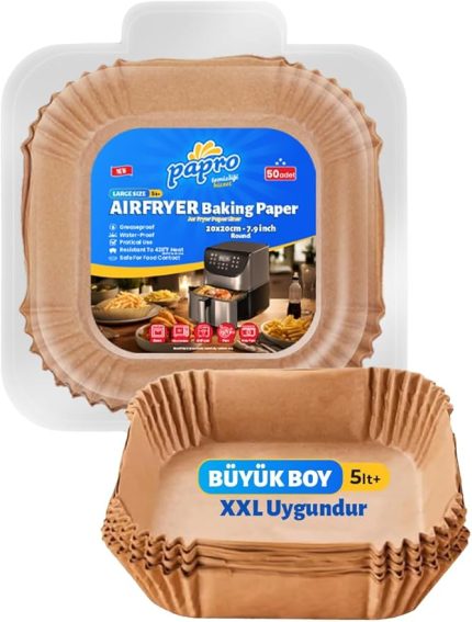 Airfryer Pişirme Kağıdı, Fritöz Yağlı Kağıdı, Yanmaz Kağıt XXL Uyumlu 50 Adet (Kare) (1, Kare Büyük Boy 20x20)
