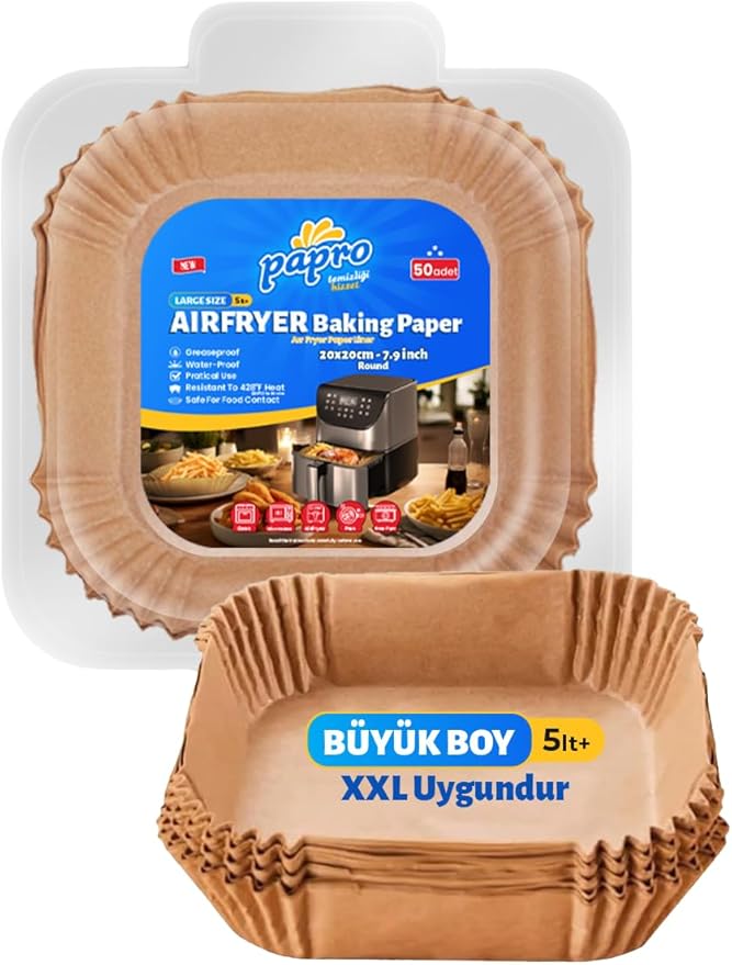 Airfryer Pişirme Kağıdı, Fritöz Yağlı Kağıdı, Yanmaz Kağıt XXL Uyumlu 50 Adet (Kare) (1, Kare Büyük Boy 20x20)