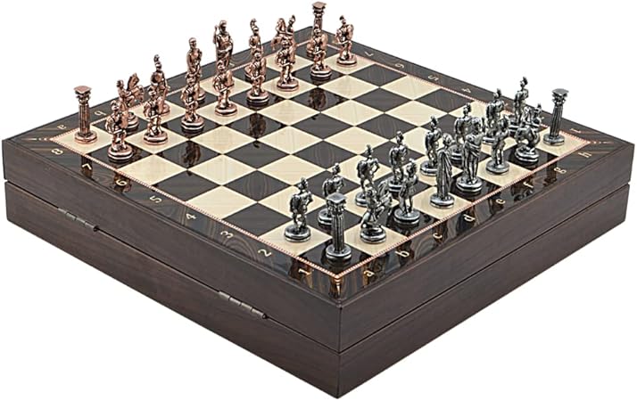 Orta Boy Metal Roma Satranç Takımı Antik ve Ceviz Desenli Sandıklı MDF Tahtası (36x36x6 cm.) - Görsel 2