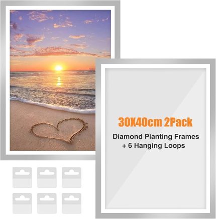 NAIMOER Yükseltilmiş 2 Paket Elmas Boyama Çerçeveleri, 30 x 40 cm Elmas Boyama Tuvali için Çerçeveler, Manyetik Elmas Sanat Çerçevesi Kendinden Yapışkanlı, Duvar Pencere Kapısı için Kancalı Elmas Boyama Çerçeveleri (Gümüş)