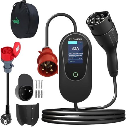 Taşınabilir EV Şarj Cihazı 22KW 32A 3 Fazlı 5 PİM CEE 5M Elektrikli Araç Şarj Cihazı Tip-2 Güç Kablosu EV Şarj İstasyonu Duvar Braketi ve Ev Güç Adaptörü Kablosu ve Çanta (Siyah)