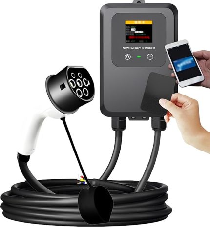Tip 2 Akıllı Elektrikli Araç Şarj Cihazı 5M 7KW 32A Şarj İstasyonu Araba Ev EV Duvara Monte Şarj Kutusu 5M Kablolu Telefon ile Elektrikli Araç Şarj Cihazı NFC Kartı Basit Renkli Ekran + Kart