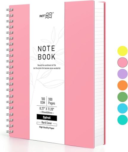 A4 not defteri, not defteri, spiral ciltli not defteri, 300 yaprak/150 sayfa, 100 g/m² kolej çizgili kağıt, PVC sert kapak, 21,5 x 27,9 cm – pembe