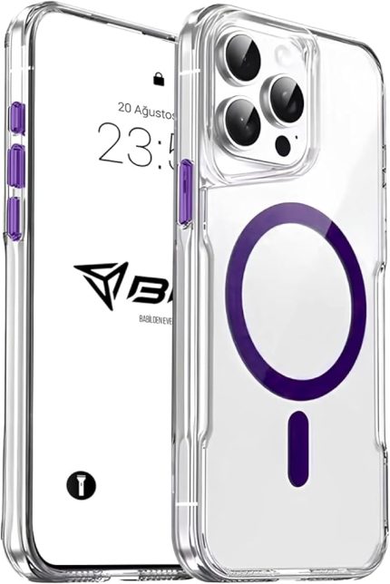 iPhone ile Uyumlu Şeffaf Sert Mika Sararmaz Renkli Magsafe Kılıf (Mor, iPhone 15 Pro Max)