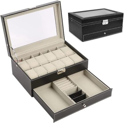 Mücevher Saklama Kutusu 12 Yuvalı Saat Kutusu Çift Katmanlı Mücevher Kutusu Bilezik Kolye ve Diğer Aksesuarlar için