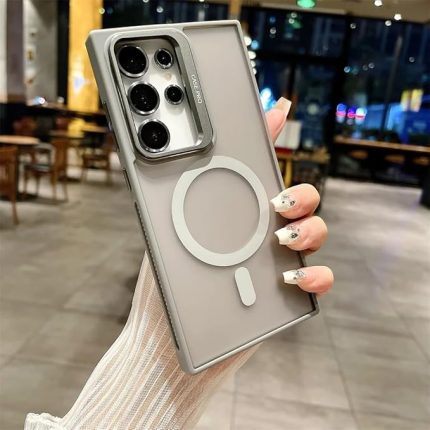 Samsung Galaxy S23 Ultra ile uyumlu Kamera Lens Aparatlı Stand Olabilen Magsafe ile uyumlu Kamera Korumalı Şeffaf Full Color Magnetic Wireless Telefon Kılıfı (Titanyum, Galaxy S23 Ultra)