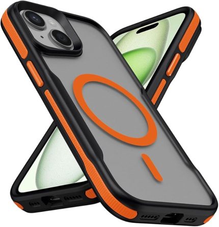 iPhone 13 ile uyumlu Zore Lamer Kapak MagSafe destekli Turuncu Kenarlı Mat Buz Şeffaf Kılıf – Airbag Köşe Koruma, Kamera Korumalı