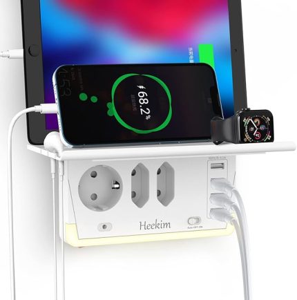 Çoklu Priz Adaptörü - Gece Lambası ve Standlı, 2400 W, 4 USB ve 3 Bölmeli, Yüksek Gerilim Koruması, Şalterli Çift Fiş
