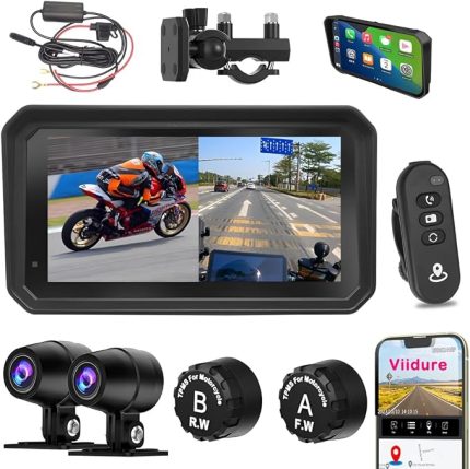 Taşınabilir Motosiklet Kaydedici 6 inç 1080P Çift Lens Ön ve Arka Kaydediciler Telefon APP WIFI BT 4.0 Kablosuz CarPlay Android Auto Navigasyon Kaydedici Lastik Basıncı İzleme ile