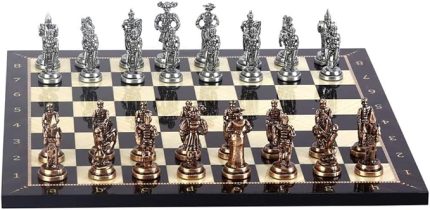 Metal İspanyol Satranç Takımı Orta Boy Antik ve Ceviz Tahtası