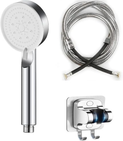 5 Fonksiyonlu Yüksek Basınçlı Duş Başlığı Yapışkanlı Mafsal Hortum Duş Seti, Siyah, 150 cm (Chrome)