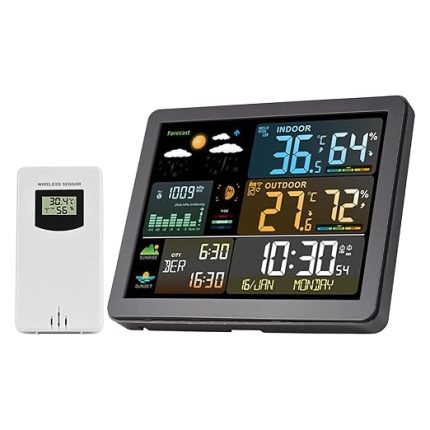 Hava İstasyonu Kablosuz İç Mekan Sensörlü Renkli Ekran Dijital Hava Tahmini Sıcaklık Nem Çalar Saat Elektronik Gündoğumu Günbatımı Zamanı Ayarlanabilir Arka Aydınlatma Ev Duvarı için
