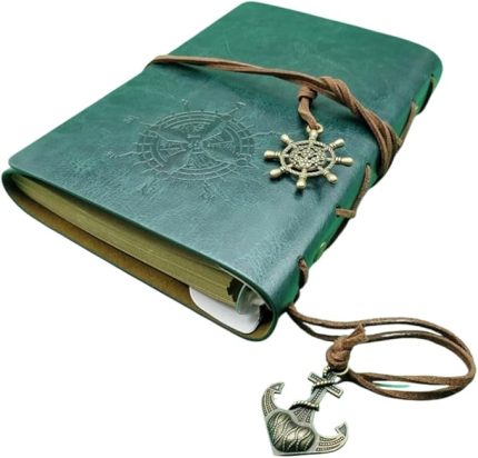Pusula Baskılı Çapa Ve Dümen Kolye Uçlu Deri Kapaklı Günlük Not Defteri Denizci Defter Özel Tasarım Hediyelik Yeşil