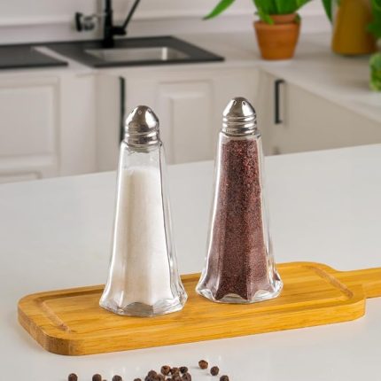 15332 2'li Cam Gövdeli Metal Krom Kapaklı Tuzluk Biberlik - Baharatlık Karabiberlik Seti - 50 mL