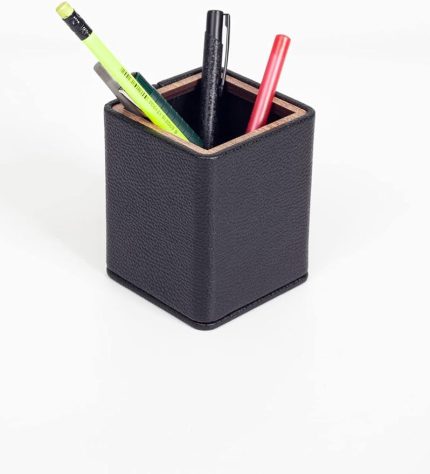 office Masaüstü Kare Ahşap Detaylı Kalemlik Siyah