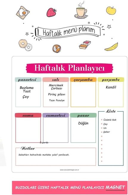 Kağıt Haftalık Magnet Planlayıcı Menü Mıknatıslı Yazı Tahtası Buzdolabı Magneti Pano 30x30 Cm +Kalem