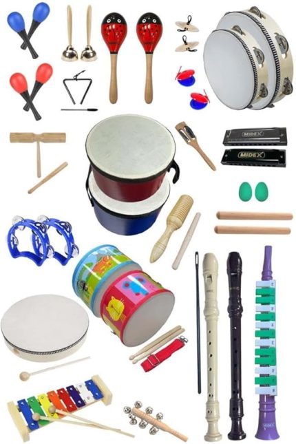 Örf Aletleri Seti Overmuch Paket-2 Marakas Zil Üçgen Ksilofon Melodika Mızıka Davul Flüt (30 Parça)