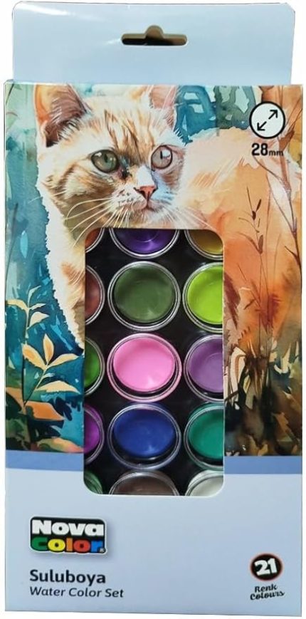 Renk Sulu Boya 1 Paket Fırça Hediyeli 21 li Suluboya Canlı Renkler 28 mm Boya Çapı Büyük Boy