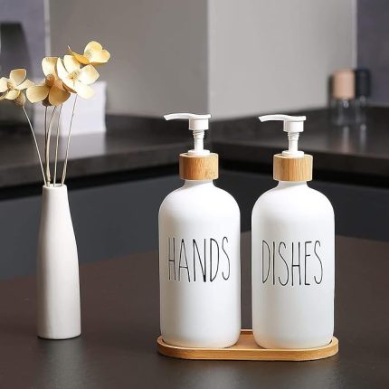 2'li Lüx Cam Sıvı Sabunluk, Mutfak ve Banyo İçin Modern Cam Sıvı Sabunluk, Doldurulabilir ve Pompalı Trend Desenli (BEYAZ)