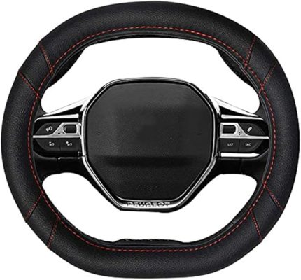 Bell Mikrofiber deri araç direksiyon kılıfı, Peugeot 3008 206 207 208 2016-2019 508 208 2019 e-208 için uygun (kırmızı çizgi)