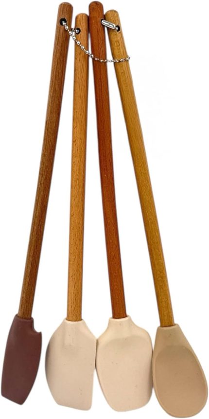 4 Adet 4 Renk Ahşap Saplı Pastel Renkli Isıya Dayanıklı Silikon Spatula Seti Mutfak Seti Renkli Kaşık Spatula Pastel Renkler