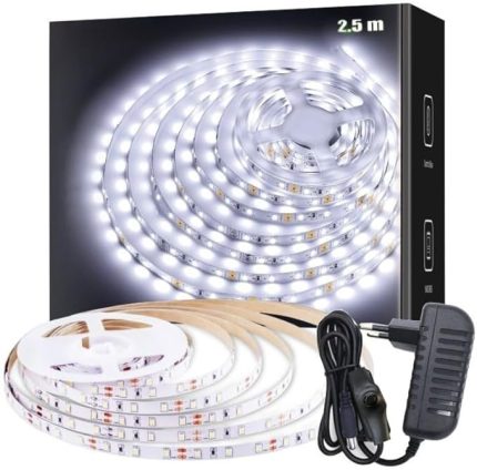 Şerit Led Işık Aydınlatma Seti Aç/kapa Butonlu, Adaptörlü, Mutfak Tezgah, Çalışma Masası, Dolap ve Raf Işıklandırma, Dekoratif Aydınlatma (Beyaz, 250 Cm)