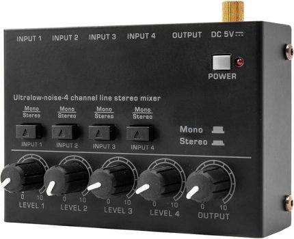 Ultra Düşük Gürültü 4 Kanal Line Stereo Mikser 4 Giriş 1 Çıkış DC 5V Taşınabilir Mini Ses Mikseri Mikrofon Gitar Bas Klavye Mikserleri Club Bar Sahne Stüdyosu için
