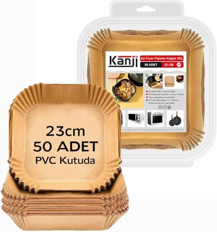 50 Adet Air Fryer Pişirme Kağıdı 23 cm – Tek Kullanımlık, Yapışmaz, Yağ Geçirmez, Kare Tabak Model Hava Fritöz Yağlı Kağıdı PVC Ambalaj