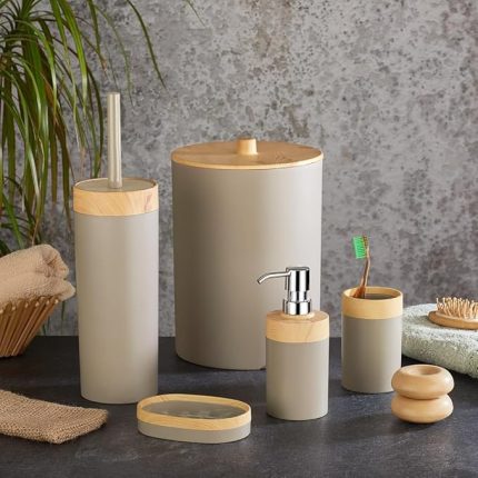 5 Parça Lüx Bambu Görünümlü Banyo Seti | 10 Litre Çöp Kovası ve Antibakteriyel Tuvalet Fırçası (KREM)