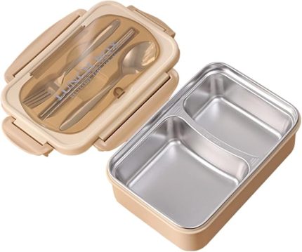 Kajilai Taşınabilir Öğle Yemeği Kutusu 304 Paslanmaz Çelik Sızdırmaz Mikrodalga Isıtma 3 Bölünmüş Gıda Kapları Bej