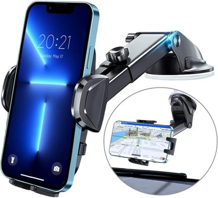 Araç Cep Telefonu Tutucu, Ultra Sağlam Araç Cep Telefonu Tutucu, Gösterge Paneli ve Ön Cam için Vantuz, Çok Yönlü Silikon Darbeye Dayanıklı, 360° Dönebilir, Tek Düğmeyle Çıkarma, 3,8 – 6,7 inç