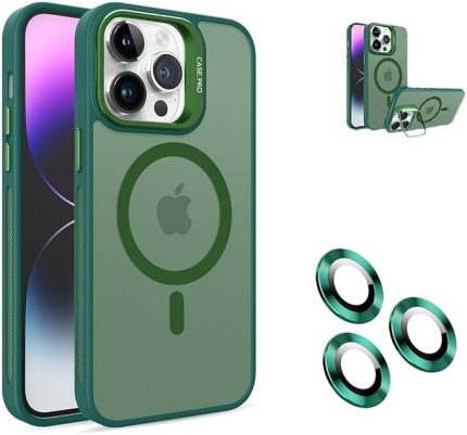 16 için Kılıf Kamera Korumalı Magsafe Wireless Şarj Özellikli Lens Hediyeli Mat Şeffaf Renkli Standlı Kılıf (YEŞİL)