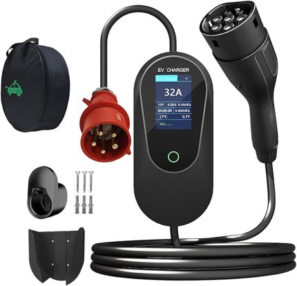 Taşınabilir EV Şarj Cihazı 22KW 32A 3 Fazlı 5 PİNLİ CEE Fiş ve Kanca, 5M Elektrikli Araç Şarj Cihazı Tip-2 Güç Kablosu IEC 62196-2, Duvar Braketi ve El Çantası ile EV Şarj İstasyonu (Siyah)