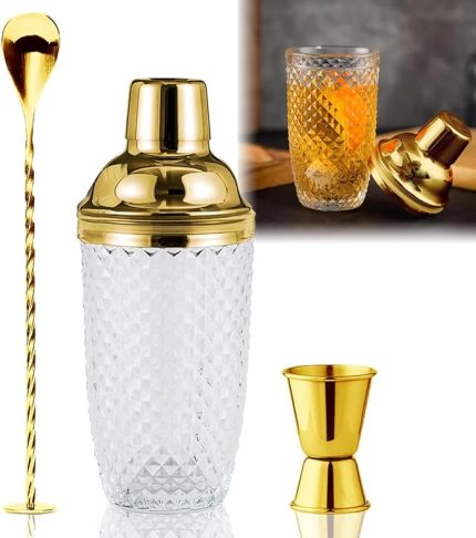 Kokteyl Karıştırıcı, 400 ml Şeffaf Cam Kokteyl Shaker Mikser Seti, Paslanmaz Çelik Ölçüm Kabı ve Kürek, Sızdırmaz Karıştırma Kabı, Ev, Bar, Şarap, Meyve Suları ve İçecekler için, Hediye Kutusunda