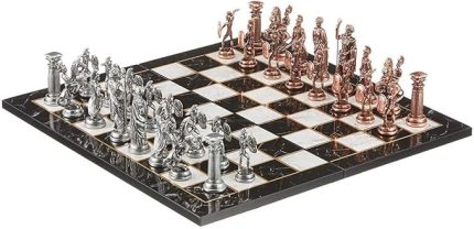 Büyük Boy Metal Roma Satranç Takımı Antik ve Katlanır Mermer Desenli Tahta