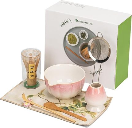 adet Matcha seti – Matcha kasesi, bambu süpürge, Matcha kaşığı ve tutucu ile komple Matcha çay seti – Matcha çayı hazırlamak için komple aksesuar – süzgeç ve şık saklama dahil