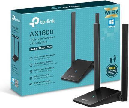 Archer TX20U Plus, AX1800 Mbps Çift Antenli Yüksek Kazanımlı Kablosuz USB Adaptör, 1 metre USB 3.0 kablosu, Beamforming, MU-MIMO, Düşük Gecikmeli Oyun Deneyimi, WPA3, Kolay Kurulum
