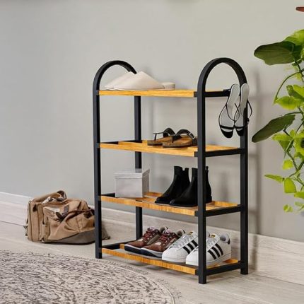 Midi Ahşap Çubuklu Ayakkabılık 4 Bölmeli Düzenleyici 8 Çift Ayakkabı Kapasiteli Raf Ünitesi