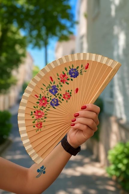 Ahşap Görünümlü Katlanabilir El Yelpazesi Mor Kırmızı Çiçek Desenli Dekoratif Geleneksel Yelpaze 40x22 cm Ahşap Saplı Şık Tasarım