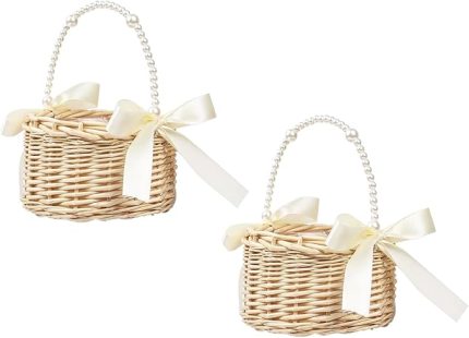 adet hasır rattan çiçek kız sepeti çiçek sepeti kulplu ve fiyonklu çiçek sepeti düğün çiçekleri için örgü sepet (şerit A)