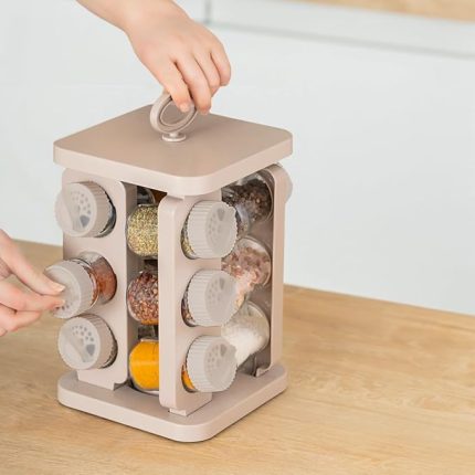 1079 Kare Prizma Döner Standlı Döner Kapaklı 12'li Cam Baharatlık-Düzenleyici Organizer-Cappuccino