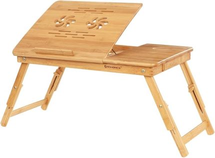 Bambu Dizüstü Bilgisayar Standı, Yükseklik Ayarlanabilir, Yatak Masası, 5 Eğim Açısı, Çekmeceli LLD001
