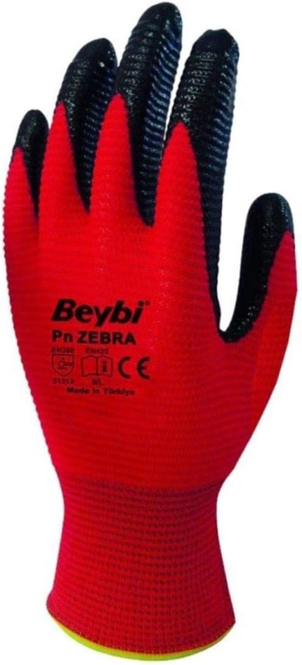 PN Zebra Polyester Örme Nitril Eldiven No 10, Çift, Kırmızı